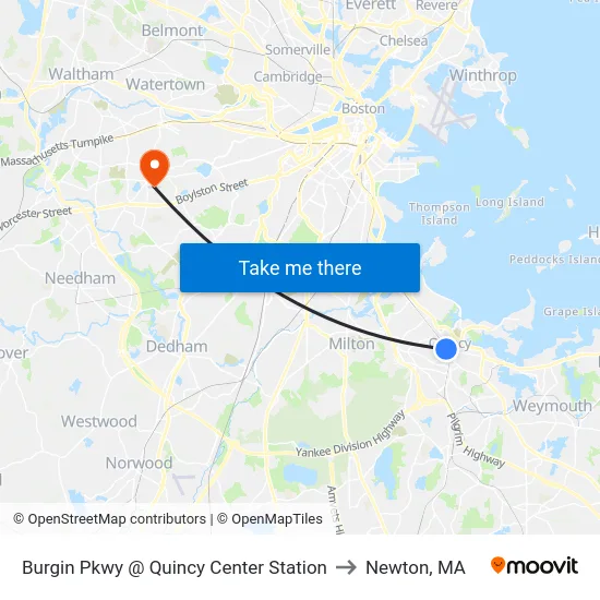 Burgin Pkwy @ Quincy Center Station to Newton, MA map