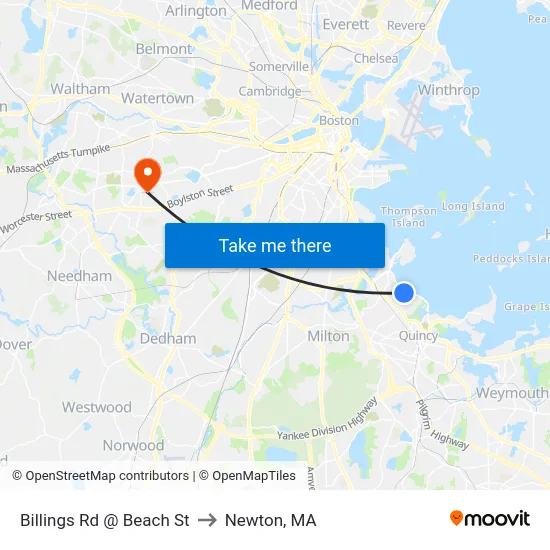 Billings Rd @ Beach St to Newton, MA map