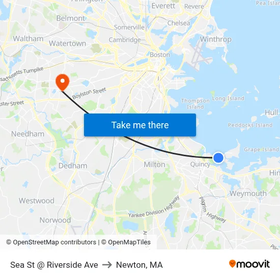 Sea St @ Riverside Ave to Newton, MA map