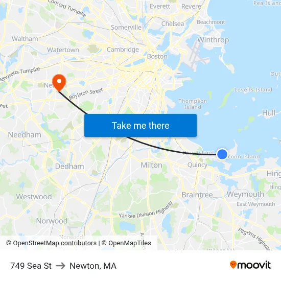 749 Sea St to Newton, MA map