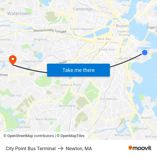 City Point Bus Terminal to Newton, MA map