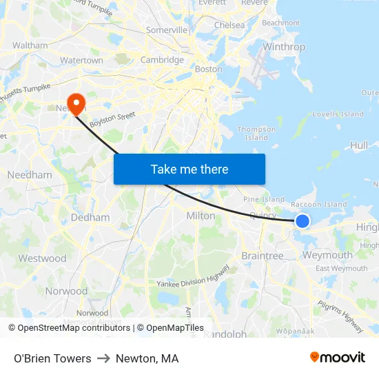 O'Brien Towers to Newton, MA map