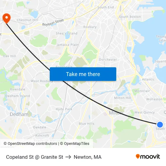 Copeland St @ Granite St to Newton, MA map
