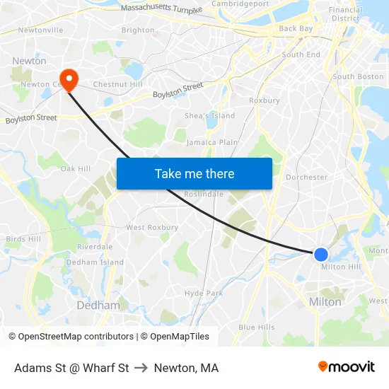 Adams St @ Wharf St to Newton, MA map