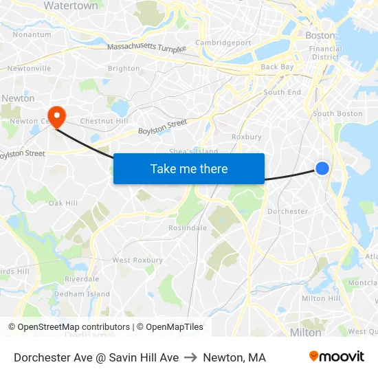 Dorchester Ave @ Savin Hill Ave to Newton, MA map