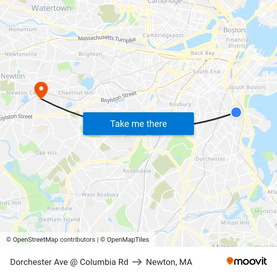 Dorchester Ave @ Columbia Rd to Newton, MA map