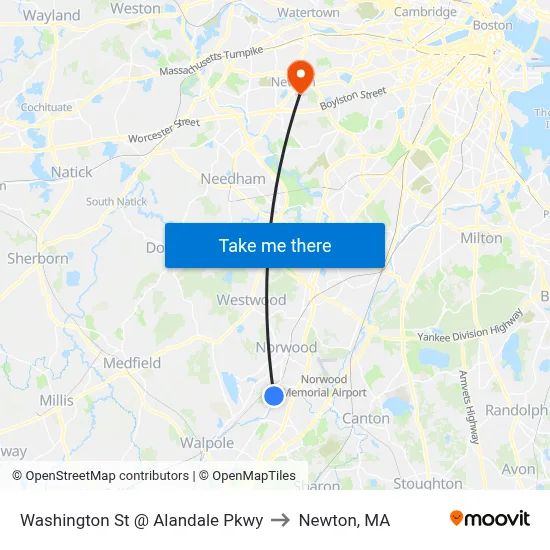 Washington St @ Alandale Pkwy to Newton, MA map