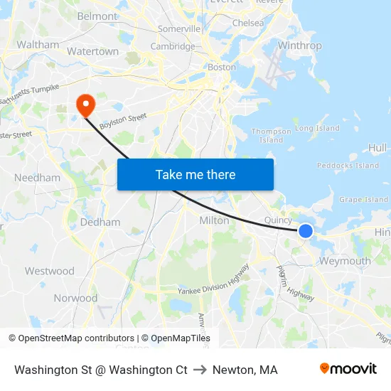 Washington St @ Washington Ct to Newton, MA map