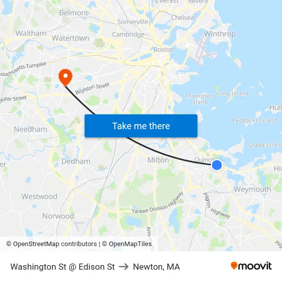 Washington St @ Edison St to Newton, MA map