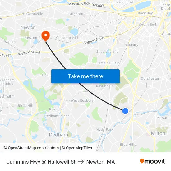 Cummins Hwy @ Hallowell St to Newton, MA map