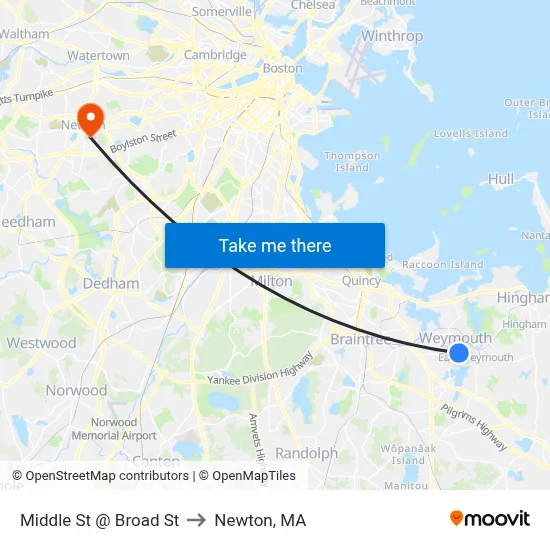 Middle St @ Broad St to Newton, MA map