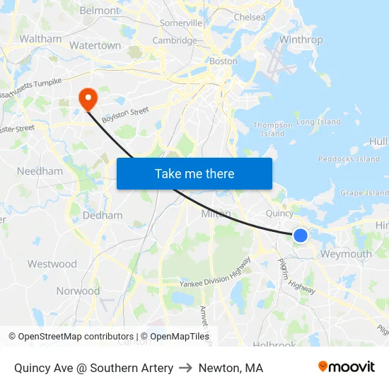Quincy Ave @ Southern Artery to Newton, MA map