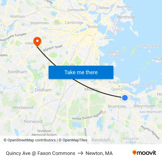 Quincy Ave @ Faxon Commons to Newton, MA map