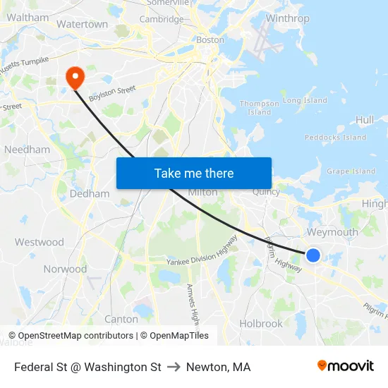 Federal St @ Washington St to Newton, MA map