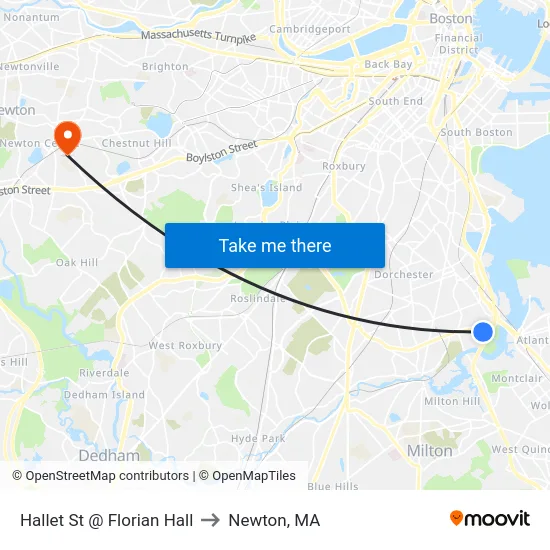 Hallet St @ Florian Hall to Newton, MA map