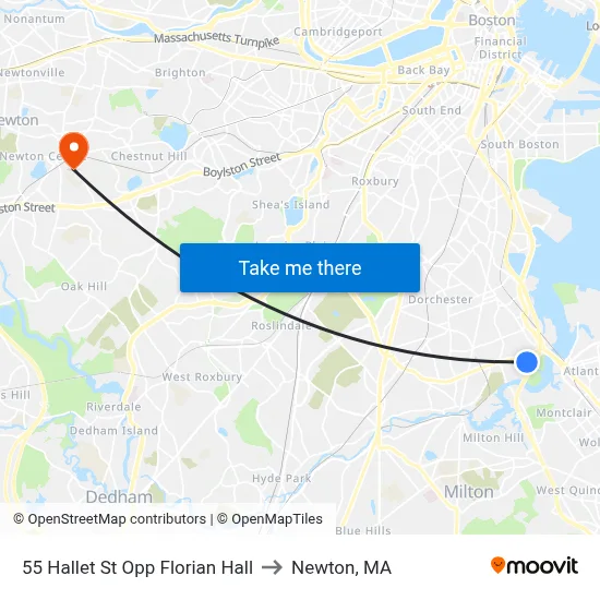55 Hallet St Opp Florian Hall to Newton, MA map