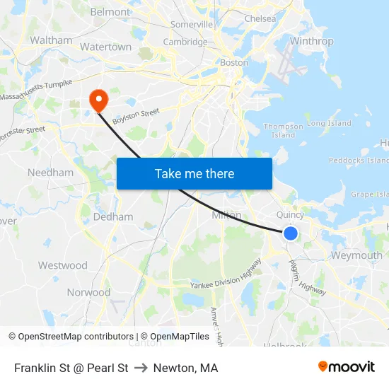 Franklin St @ Pearl St to Newton, MA map