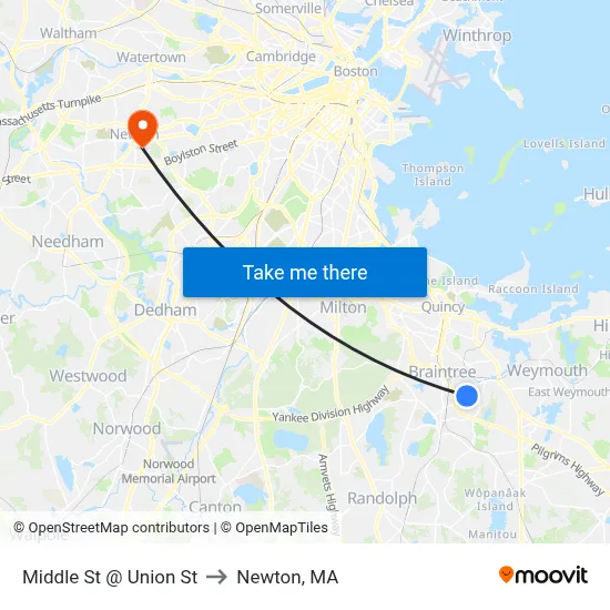 Middle St @ Union St to Newton, MA map