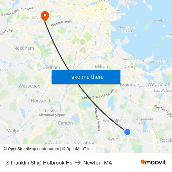 S Franklin St @ Holbrook Hs to Newton, MA map