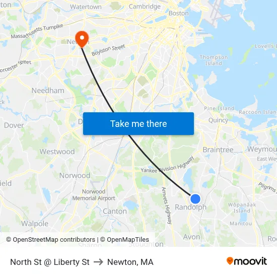 North St @ Liberty St to Newton, MA map