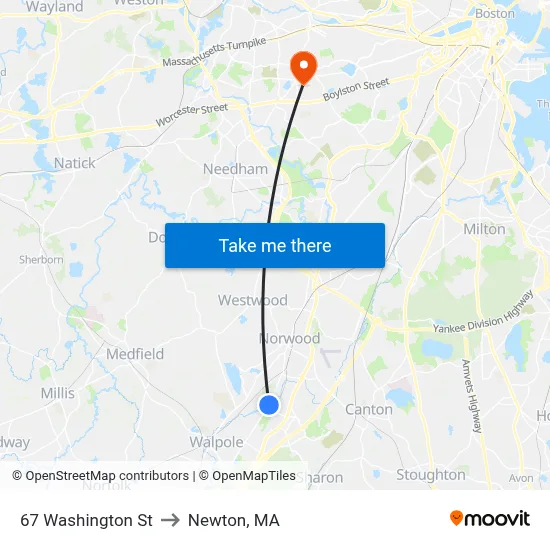 67 Washington St to Newton, MA map