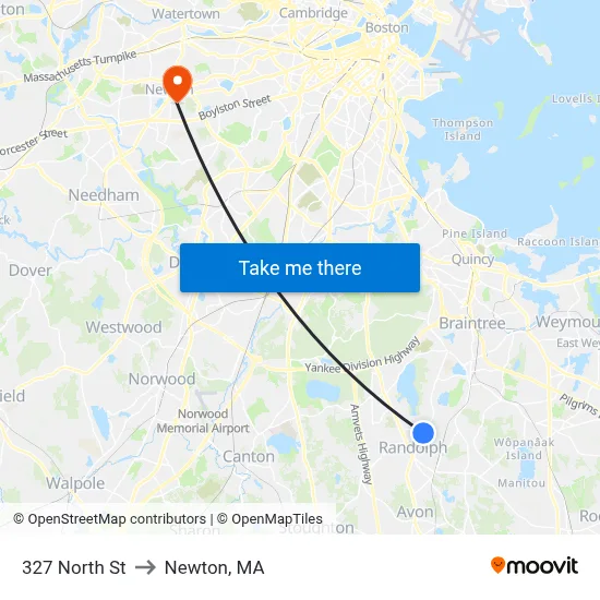 327 North St to Newton, MA map