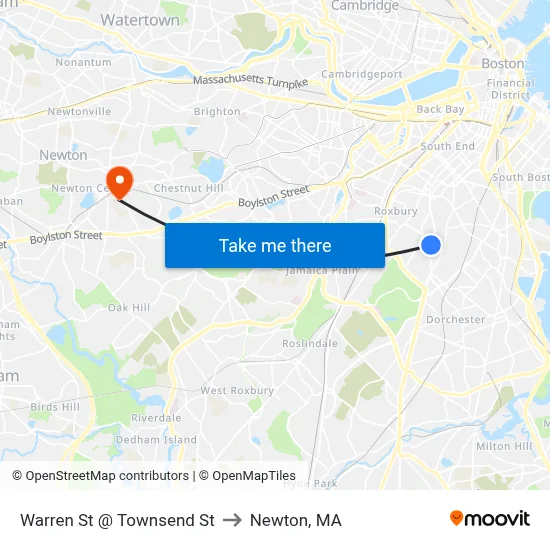 Warren St @ Townsend St to Newton, MA map