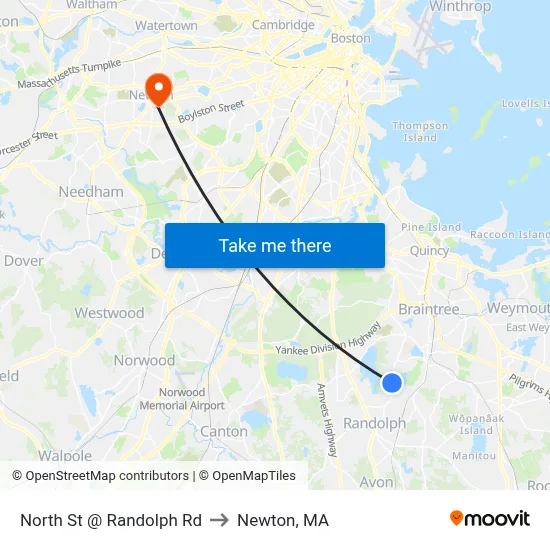 North St @ Randolph Rd to Newton, MA map