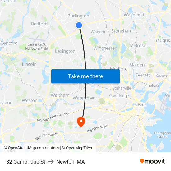 82 Cambridge St to Newton, MA map