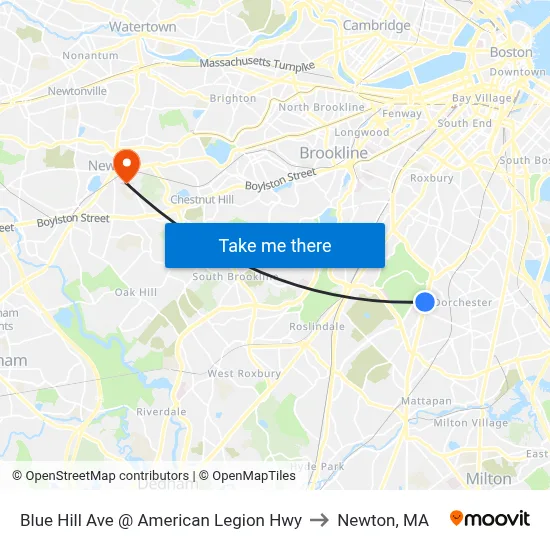Blue Hill Ave @ American Legion Hwy to Newton, MA map