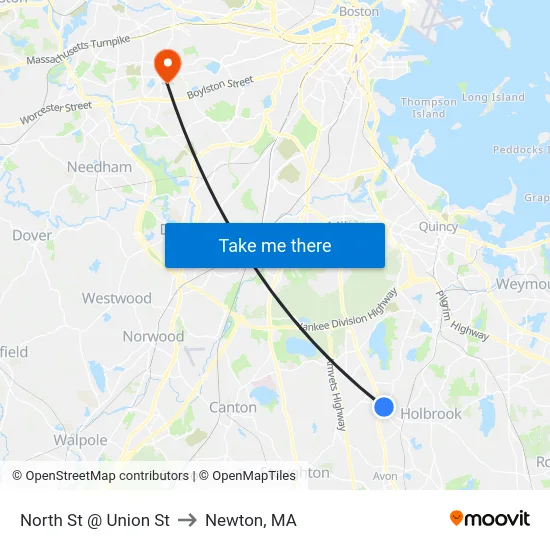 North St @ Union St to Newton, MA map