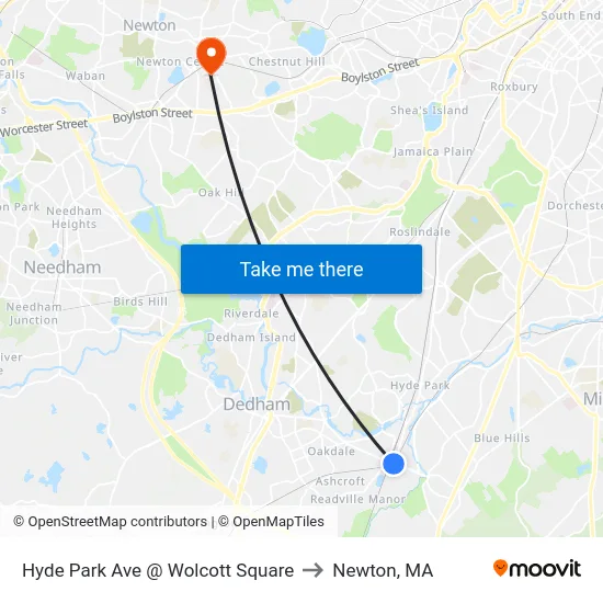 Hyde Park Ave @ Wolcott Square to Newton, MA map