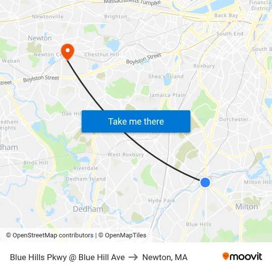 Blue Hills Pkwy @ Blue Hill Ave to Newton, MA map