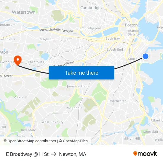 E Broadway @ H St to Newton, MA map