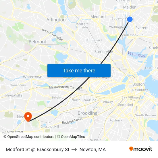 Medford St @ Brackenbury St to Newton, MA map