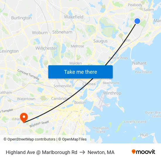 Highland Ave @ Marlborough Rd to Newton, MA map