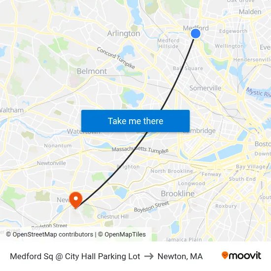Medford Sq @ City Hall Parking Lot to Newton, MA map