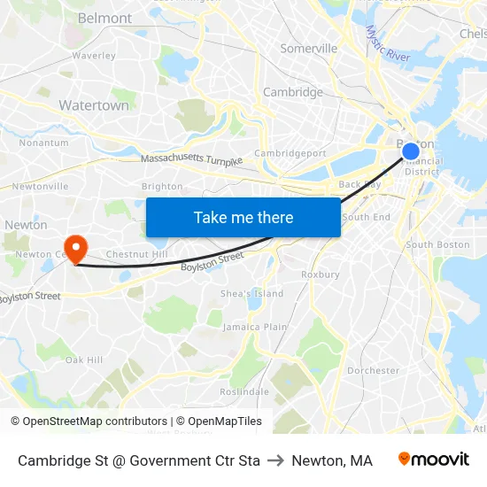Cambridge St @ Government Ctr Sta to Newton, MA map