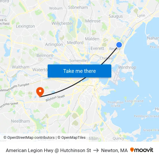 American Legion Hwy @ Hutchinson St to Newton, MA map