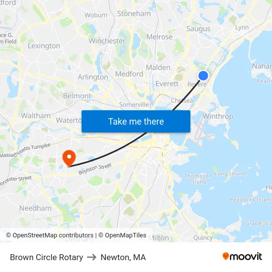 Brown Circle Rotary to Newton, MA map