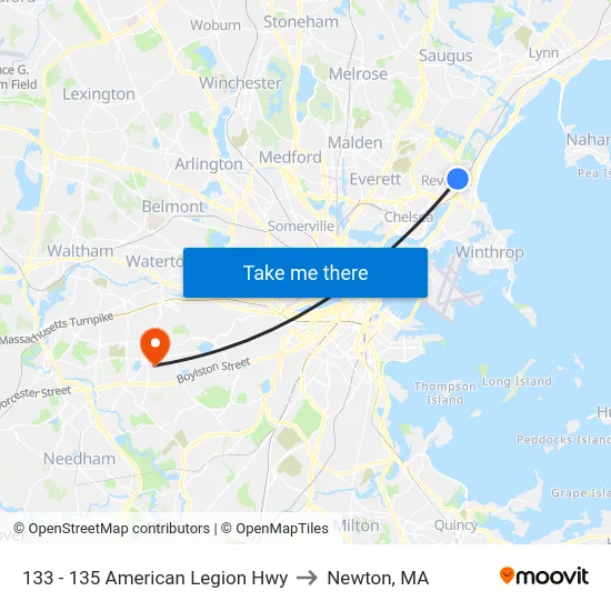 133 - 135 American Legion Hwy to Newton, MA map