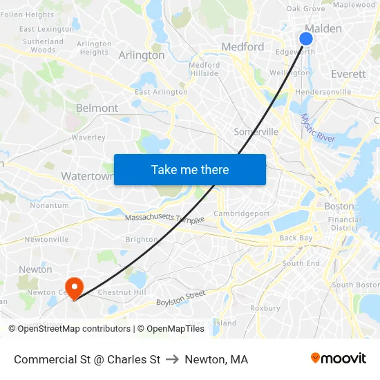 Commercial St @ Charles St to Newton, MA map