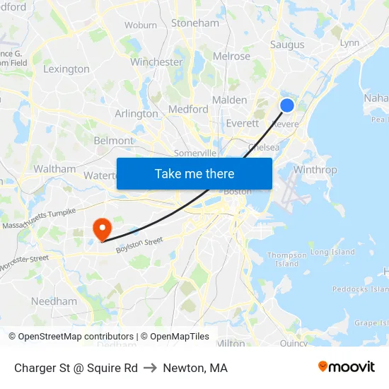 Charger St @ Squire Rd to Newton, MA map