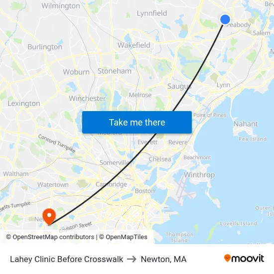 Lahey Clinic Before Crosswalk to Newton, MA map