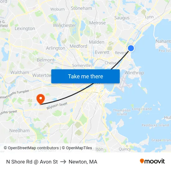 N Shore Rd @ Avon St to Newton, MA map