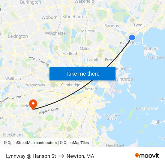 Lynnway @ Hanson St to Newton, MA map