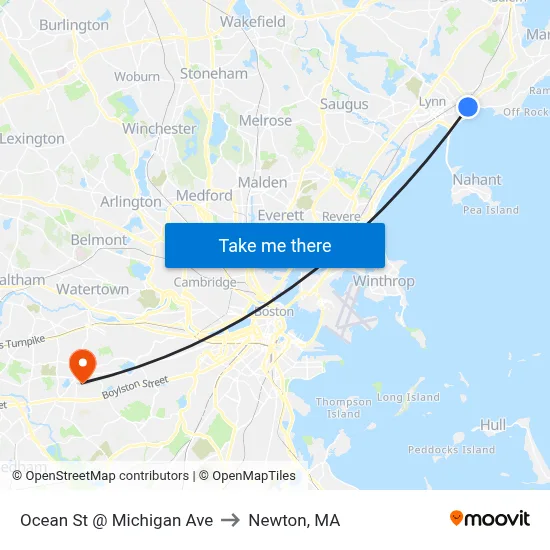 Ocean St @ Michigan Ave to Newton, MA map