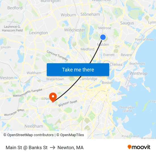 Main St @ Banks St to Newton, MA map