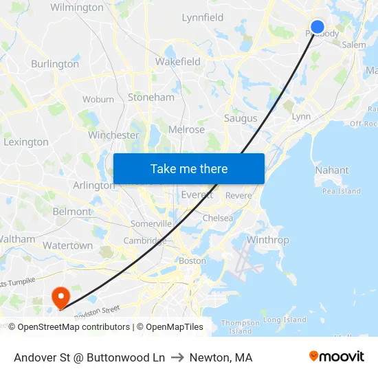 Andover St @ Buttonwood Ln to Newton, MA map