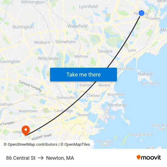 86 Central St to Newton, MA map